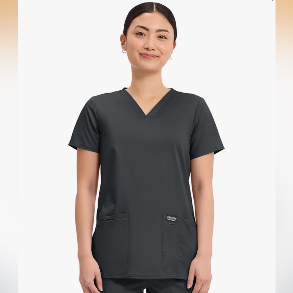 Cherokee Women's Charcoal Short Sleeve V-Neck Top and Scrub Bottoms